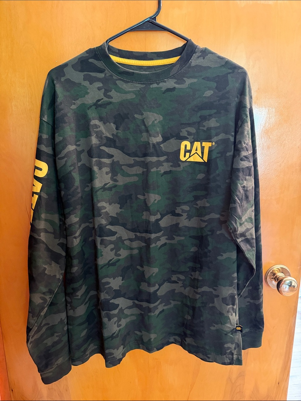 Caterpillar Green Camo Long Sleeve Tee with Yellow CAT Logo